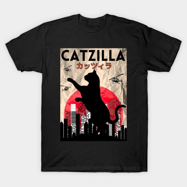 Catzilla Vintage Japanese Sunset Style Cat Kitten Lovers T-Shirt by Prossori